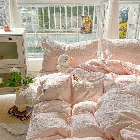 Sonicelife ins Princess Style Bed Four-Piece Set Knitted Washed Cotton Bed Sheet Quilt Cover Set Three-Piece Set Girls Bedding Set