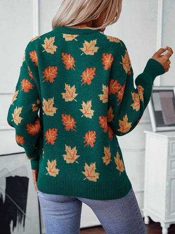 christmas outfit Sonicelife Long Sleeves Loose Contrast Color Jacquard Knitted Leaves Split-Joint Round-Neck Pullovers Sweater Tops