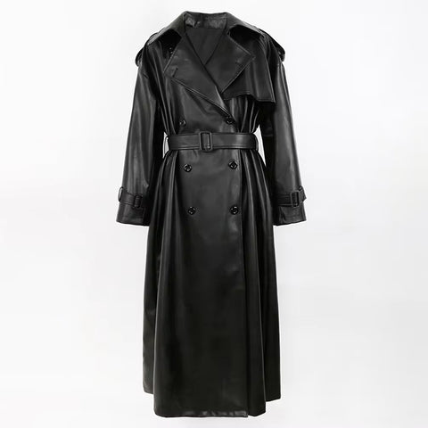 christmas outfit Sonicelife Spring Autumn Long Oversized Black Pu Leather Trench Coat for Women Belt Double Breasted Loose Casual Maxi Overcoat