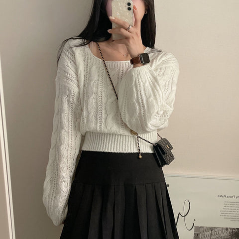 Sonicelife Korean Lantern Sleeve White Sweaters Women Sweet Casual Loose Knitted Pullovers Vintage Square Collar Lady Cute Design Tops