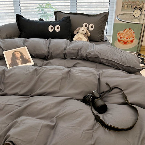 Sonicelife Ins Purple Black Big Eye Solid Color Bedding Set Girls Boys Double Size Flat Sheet Duvet Cover Pillowcase Bed Linen Home Textile