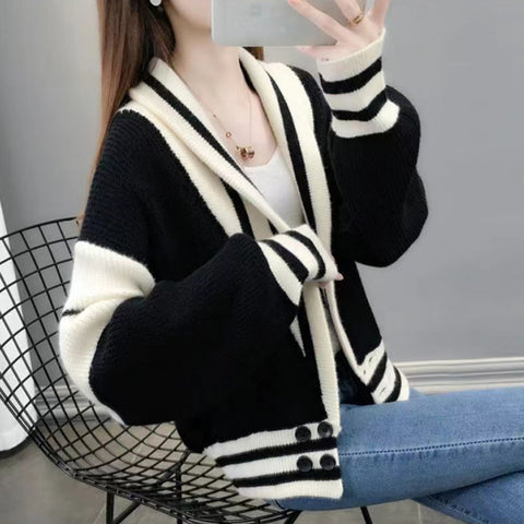 Black Friday Sonicelife Patchwork Sweater Women Knitted Loose Elegant Black White Fashion Cardigan Lazy Strip V-Neck Long Sleevekorean Female Jumpers