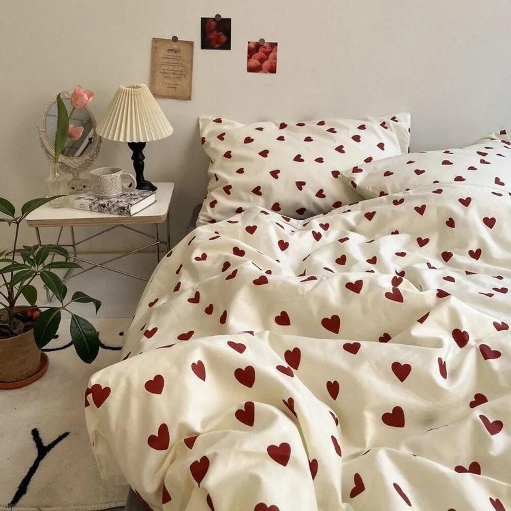 Sonicelife Korean Style Bedding Set Kid Adult Twin Full Queen Size Bed Flat Sheet Love Heart Duvet Cover Set Pillowcase Bed Linen No Filler