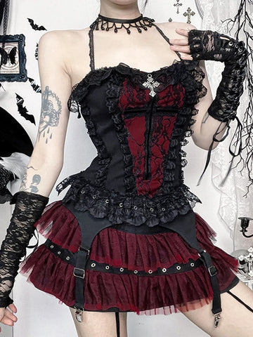 Sonicelife Gothic Hotsweet Camisole Women Vintage Aesthetic Y2k E-girl Hipster Lace Patchwork Halter Crop Tank Tops Cosplay Clothes