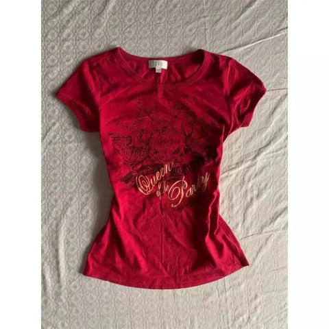 Sonicelife Summer New American Retro Short Sleeve Red T-shirt Women's Slimming Vintage Chic Fashion Top Casual Simple Elegant Ladies Tees
