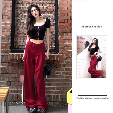 Sonicelife 2025 Summer Korean Fashion Pants Sets Woman Bow Dot Y2k Crop Tops + Casual Red Pants Hot Girls Aesthetics Elegant Suit Chic