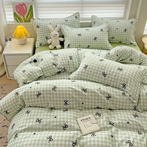 Sonicelife Green Nordic Bedding Set Ins Plaid Girls Boys Double Queen Size Duvet Cover Flat Sheet Pillowcase New No Filler Bed Linens