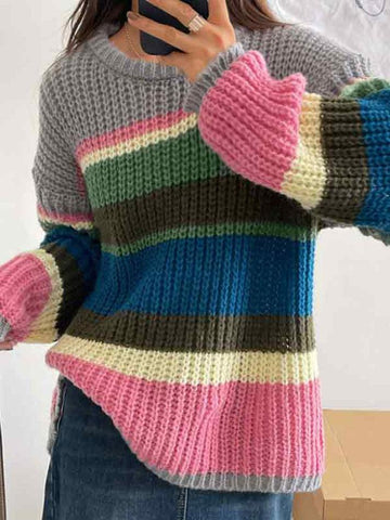 Sonicelife-Knit Rainbow Stripe Loose Sweater