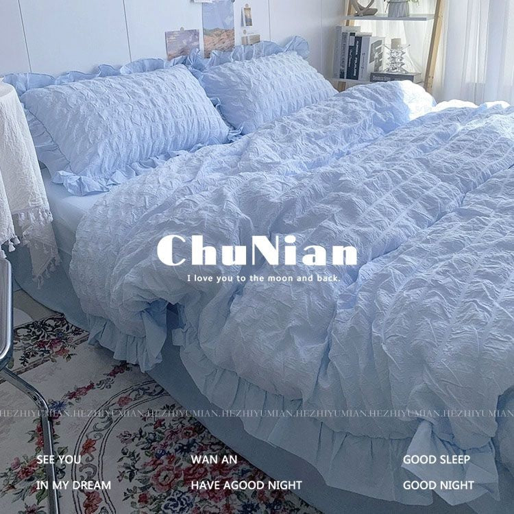 Sonicelife INS Girl Blue Bedding Sets Solid Color Seersucker Ruffles Lace  Kawaii Soft Sheet Woman Duvet Cover Pillow Covers Quilt Cover