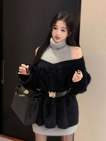 Sonicelife 2025 Autumn Elegant Knitted Suit Woman Black Sweater Tops Slim Bodycon Sleeveless Dress Casual Y2k Mini Dress Korean Fashion Set