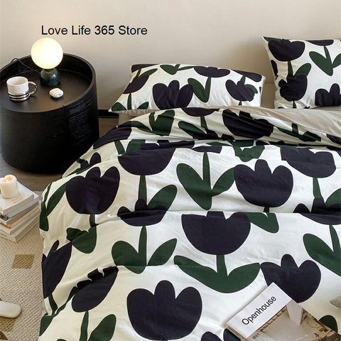 Sonicelife Floral Bedding Set Skin Friendly Nordic Style Duvet Cover With Pillowcases INS Flat Bed Sheet Soft Polyester Comforter Sets