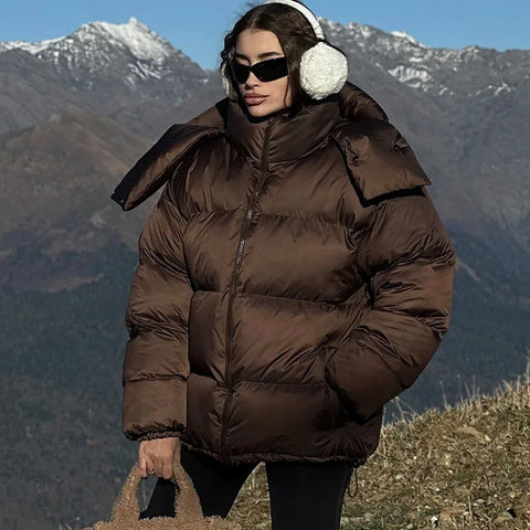Sonicelife Fashion Women's Hooded Down Jacket Loose Stand Collar Zipper Pocket Female Puffer Jackets 2024 Winter Lady Solid Street Coats