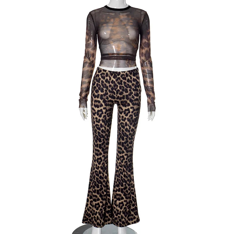 Sonicelife Y2k Sexy Women 2 Piece Leopard Printed Mesh Shirts Tops Leopard Pants Sets Long Sleeve Crop Shirts Flare Pants Two Piece Outfits