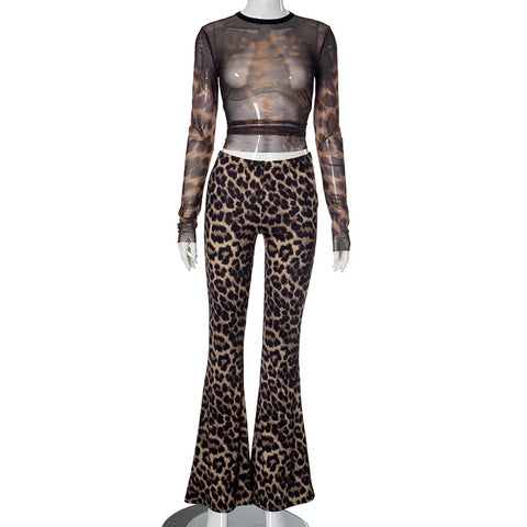 Sonicelife Y2k Sexy Women 2 Piece Leopard Printed Mesh Shirts Tops Leopard Pants Sets Long Sleeve Crop Shirts Flare Pants Two Piece Outfits