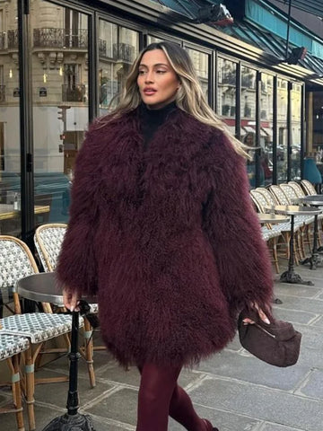 christmas outfit Sonicelife Women's Fashion Wine Red Furry Faux Fur Warm Coat 2024 New Thicken Fluffy Plush Loose Trendy Jacket Winter Chic Lady Outerwear