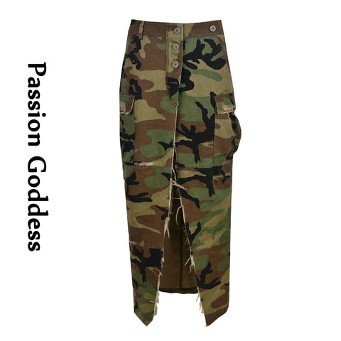 Sonicelife Fashion Women Camouflage Long Skirts Pockets Buttons Asymmetric Slit Skirts Cool Lady Camo Cargo Skirts Streetwear Maxi Skirt