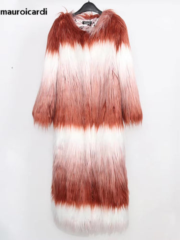 christmas outfit Sonicelife Spring Winter Long Colorful Shaggy Hairy Fluffy Gradient Warm Soft Faux Fur Coat Women O Neck Furry Overcoat 2025