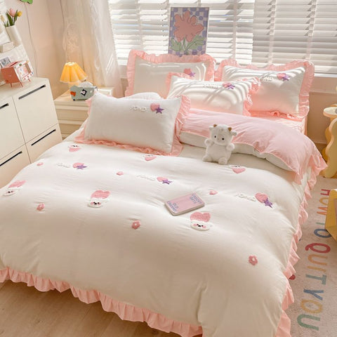 Sonicelife Kawaii Princess Bedding Set with White Ruffles Korean Style Girls Single Full Duvet Cover No Filling Flat Sheet Pillowcases Kit