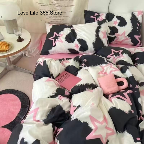 Sonicelife Black And White Panda Bedding Set Cute Cartooon Animals Soft Duvet Cover Solid Flat Sheet For Kids Girls Double Queen Full Size