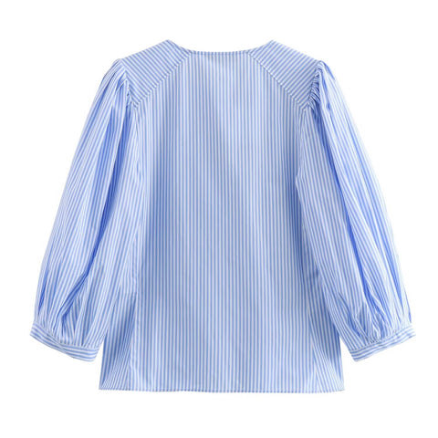 Sonicelife Women's Striped Round Neck Shirt Simple and Versatile Casual Slimming Short Top Poplin Texture New