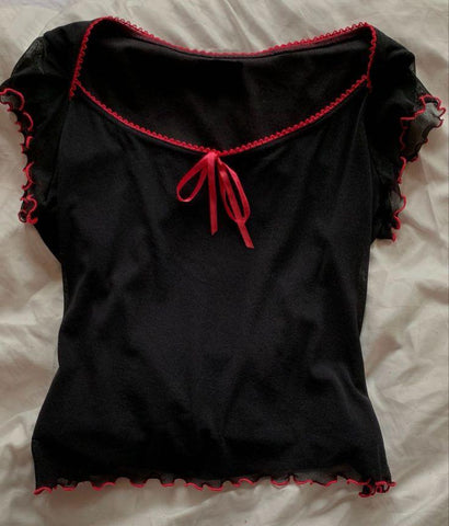 Sonicelife Cute Crop Tops Women Aesthetic Punk T-shirts Harajuku Baby Tee Y2K Bow Vintage Tide Gothic Fashion Solid emo Casual Summer wear
