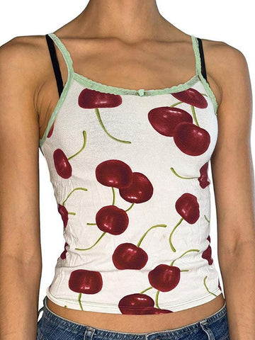 Sonicelife Lace Trim Cherry Print Contrast Tank Top