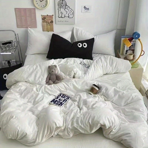 Sonicelife Cute Duvet Cover Set with Sheet Pillowcase No Filler Warm Solid Color Bed Linen Full Queen Size Korean Big Eyes Home Bedding Set