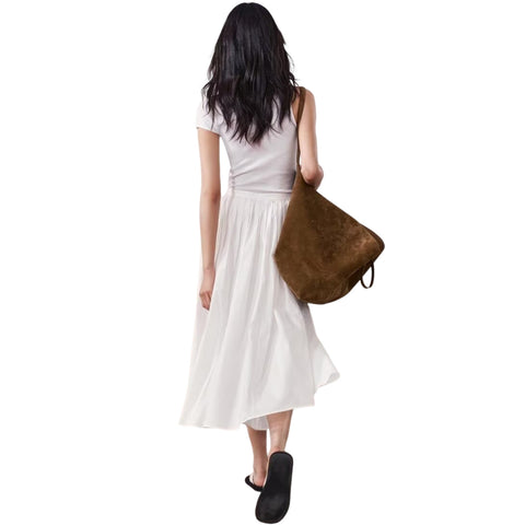 Sonicelife Women's Wide Hem White Mid Length Skirt Versatile Pleated Long Skirt New Commuting Temperament