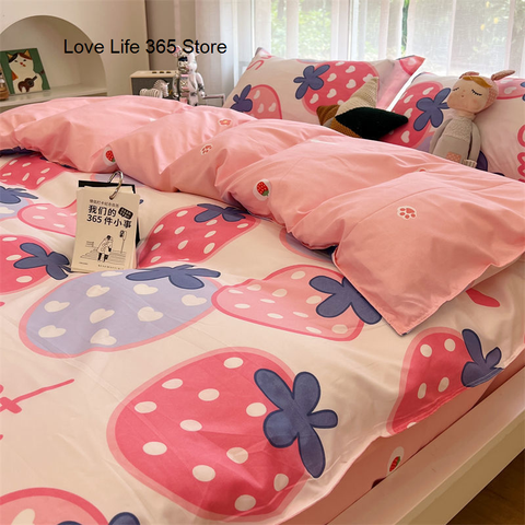 Sonicelife Pink Strawberry Quilt Cover Sweet Bedding Set Polyester Falt Sheet With Pillowcase Full Queen Size For Girls