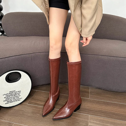 Sonicelife Pointed Toe Women Knee High Boots Belt Buckle Design Black Brown Wedge High heels Slip On Winter Knight Chelsea Botas Sexy Party