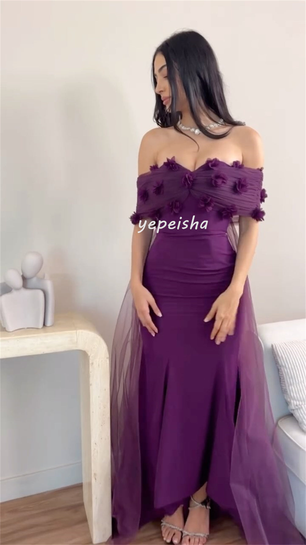 Sonicelife Customized Exquisite Intricate Jersey Tulle Flower Beading Mermaid Off-the-shoulder Long Dresses Bespoke Occasion Dresses Formal (PRE-ORDER)