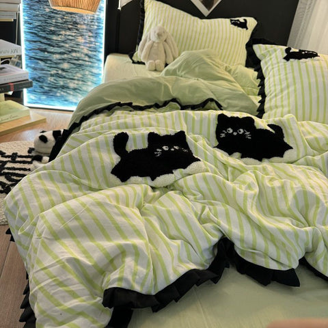 Sonicelife Pink Striped Cat Embroidery Bedding Set Korean Style Washing Cotton Cute Cardboard Duvet Cover Bed Sheet Pillowcases 3/4pcs