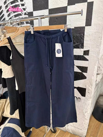 Sonicelife American Vintage Y2K Drawstring Straight Pant Navy Blue Pocket Casual Woman Trouser Fashion Sportwear Wide Lge Pant Fall Spring