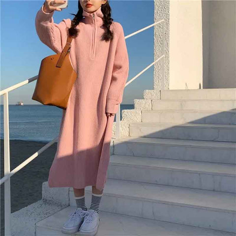 Black Friday Sonicelife Autumn Winter Turtleneck Knit Midi Dress Women Fashion Solid Zipper Sweater Pullovers Harajuku Streetwear Korean Loose Dress