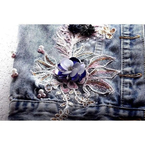 Sonicelife 2025 Denim Women Vest Pearl Fashion Ripped Autumn Jeans Jacket Sleeveless Loose Short Coat Streetwear Beaded Flower Denim Vest