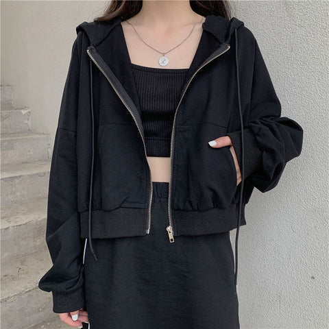 Sonicelife Casual Loose Streetwear Hoodies Women Long Sleeve Pockets Korean Short Sweatshirts Fall Vintage Solid Female Simple Tops