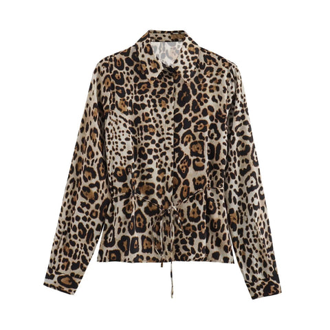 Sonicelife Women's New Satin Leopard Print Waist Tie up Shirt Fashionable and Casual Style Straight pants