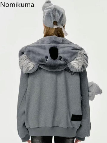 Sonicelife Bear Hooded Sweatshirts Jackets for Women 2025 Autumn Winter Clothing Korean Fashion Cute Y2k Tops Casual Zipper Hoodies Coats