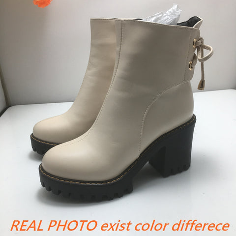 thanksgiving outfit Sonicelife Classic Women Ankle Boots Round Toe Chunky Heels 8cm Platform 2.5cm Lace Up 42 43 Leisure Daily Bota