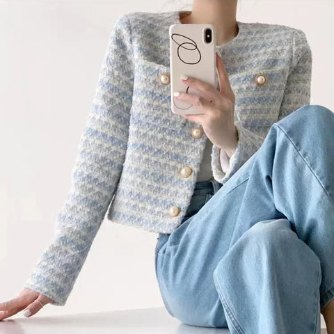 Sonicelife Blue Pearl Button Jacket For Round Neck Long Sleeve Woven Suit Women Romantic Tweed Style Loose  Sweet Coat Short Top