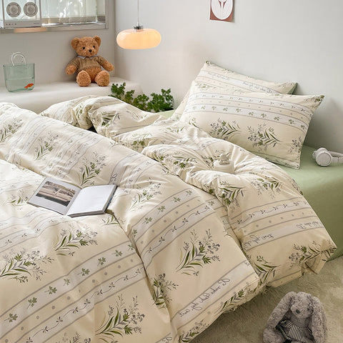 Sonicelife Cotton Bedding Set Floral Rabbit Ins No Filler Duvet Cover Flat Sheet Pillowcase Full King Size Soft BedSpread Home Textile