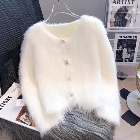 Black Friday Sonicelife Faux Mink Knitted Cardigan Women Single-Breasted Elegant Solid Loose Fall Winter Soft Jacket Office Lady V-Neck Sweater Blouse