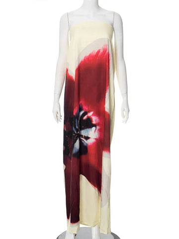 Sonicelife 2025 New Floral Printed Strapless Loose Robes Women Sexy Off Shoulder Sleeveless Backless Maxi Dress Fashion Lady Party Vestidos