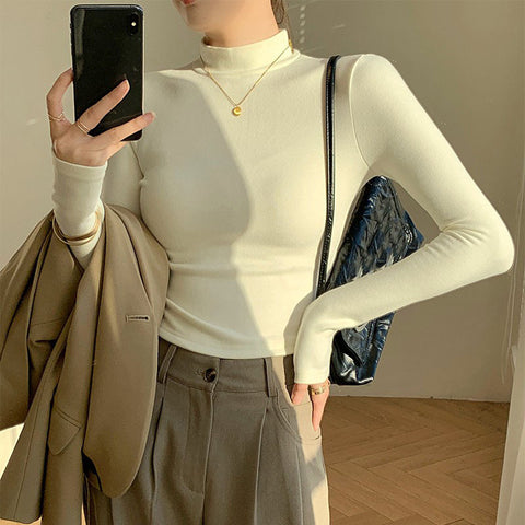 Black Friday Sonicelife Double Sided Fleece Turtleneck Base Shirt Women Casual Slim Solid Long Sleeve Knitted Pullovers Lady Autumn Chic Thick Warm Tops