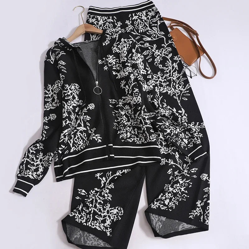 Sonicelife Jacquard Knit Long Sleeved Zipper Hooded Cardigan And Elastic High Waist Wide Leg Pants Printed Street 2 Piece Set Women Outfit