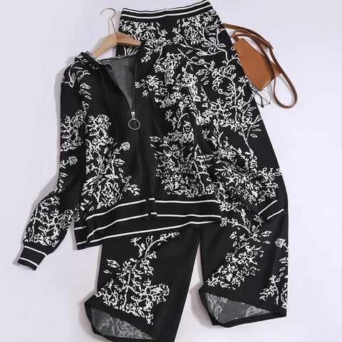 Sonicelife Jacquard Knit Long Sleeved Zipper Hooded Cardigan And Elastic High Waist Wide Leg Pants Printed Street 2 Piece Set Women Outfit