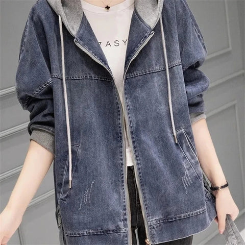 Sonicelife Women's Denim Jacket 2025 New Spring Autumn Fashion Korean Long Sleeve Jeans Coat Casual Hooded Baseball Uniform Top Clothes