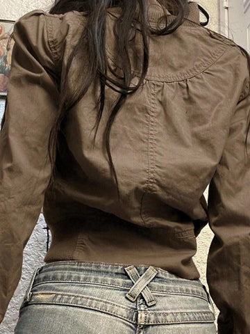 Sonicelife Vintage Brown Zip Up Slim Short Jacket