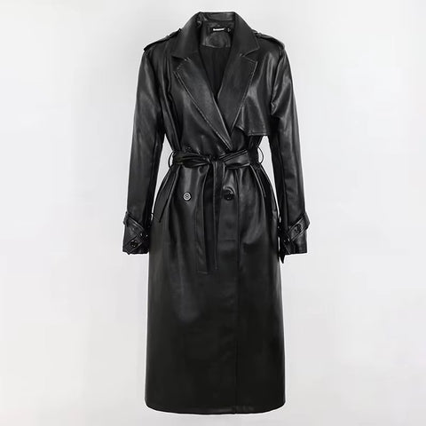 christmas outfit Sonicelife Spring Long Loose Black Silver Soft Faux Leather Trench Coat for Women Sashes Double Breasted Leather Overcoat 2025