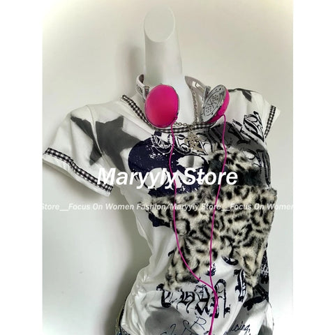 Sonicelife 2025 Summer Vintage TShirts Women Casual Leopard Print Patchwork Short Sleeve Top Y2k 2000s Sweet Cool Punk Subculture Tees New